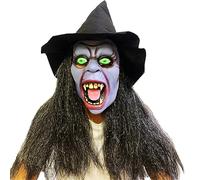 BRABOSTON Spaventoso Vecchia Donna Strega Con Capelli Lunghi Horror Halloween Cosplay Costume Strega Cappello Pieno Viso Lattice Viola Halloween