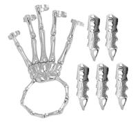 Bracciale a mano scheletro con 5 anelli per dita intere Gioielli punk gotici con giunti mobili in lega placcata Gioielli di Halloween per cosplay, feste, costumi, Anelli con artigli in argento B