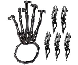 Bracciale a mano scheletro con 5 anelli per dita intere Gioielli punk gotici con giunti mobili in lega placcata Gioielli di Halloween per cosplay, feste, costumi, Anelli con artigli neri Braccia