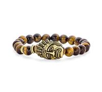 Bracciale A Testa Di Capo Indiano Stretch Con Perline Rotonde In Occhio Di Tigre Marrone Nativo Americano Guerriero Occidentale Per Uomini E Donne Placcato In Oro Regolabile E Sovrapponibile