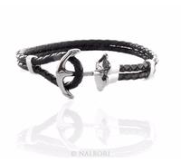 bracciale acciaio anallergico ancora con zirconi pelle ecologica nera uomo 18cm