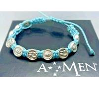 BRACCIALE AMEN MEDAGLIE MADONNINA E SANTI ,CORDA INTRECCIATA AZZURRA,REGOLABILE