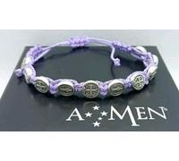 BRACCIALE AMEN MEDAGLIETTE IMMAGINI SACRE ,CORDA INTRECCIATA LILLA,REGOLABILE