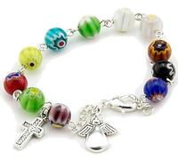 Bracciale Angelo Custode con 10 Sfere in Vetro di Murano 8mm, Croce, Angioletto e Borsa con Immagini della Vergine Maria Decennio dell'Angelo Custode