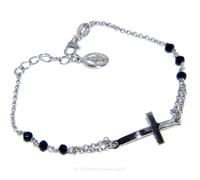 BRACCIALE ARGENTO 925 UOMO DONNA ROSARIO CRISTALLO NERO CROCE MADONNA MIRACOLOSA