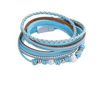 Bracciale Avvolgente In Pelle Per Donna, Braccialetti In Pelle Impilabili Con Perle D'Acqua Dolce E Strass, Braccialetti Fatti A Mano, Gioielli Bohémien, Regalo Per Donna, Blu Lago, 19,5 Cm