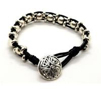 Bracciale Celtico Triplo Argento Perline Nero Cordone Di Cuoio Genuino...