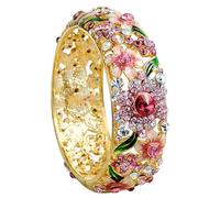 Bracciale cloisonné, Bracciale largo multicolore in smalto con strass, fatto a mano, fiore cavo dorato, polsino cerniera a molla, gioielli di moda da donna(Pink-Diameter 2.20 Inch (5.6cm) About)