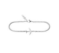 Bracciale con Aereo in Acciaio Inossidabile - Catena Lucida o Satinata e Regolabile - Finitura Argento - Gioiello da Viaggio Unisex - Idea Regalo Viaggiatori - Modello Stromboli (Catena Satinata)