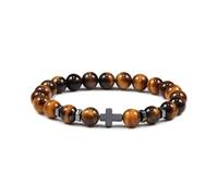 Bracciale con Croce in Pietra Naturale per Uomo e Donna,Regolabile da 8mm,elastico,con Cristalli di Occhi di Tigre,Rosario,Preghiera,Braccialetti di Gesù da 8mm.