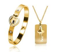 Bracciale con lucchetto a cuore e collana con chiave, gioielli per coppie in acciaio al titanio, regalo romantico per l'anniversario di matrimonio di compleanno di San Valentino (oro da 2,4 pollici)