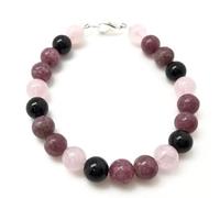 Bracciale con perle rotonde da 10 mm in lepidolite, tormalina nera e quarzo rosa, chiusura regolabile in argento placcato, lunghezza 7 pollici, per uomo e donna | LK_STACK_08149
