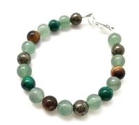 Bracciale con perle rotonde da 10 mm in occhio di tigre, avventurina verde e pirite, taglio liscio, chiusura placcata in argento da 7 pollici, per uomo e donna | LK_STACK_08741