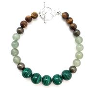 Bracciale con perle rotonde da 8 mm in pirite, avventurina verde, occhio di tigre e malachite, chiusura placcata in argento da 7 pollici, per uomo e donna | LK_STACK_08441
