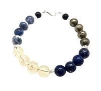 Bracciale con perle rotonde lisce da 8-10 mm in citrino, sodalite, lapislazzuli e pirite, chiusura placcata in argento da 7 pollici, per uomo e donna | LK_STACK_07409