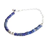 Bracciale con perle sfaccettate a forma di rondella da 3,5-4 mm in lapislazzuli e pirite, chiusura regolabile placcata in argento da 7 pollici, per uomo e donna | LK_STACK_08089