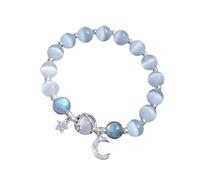 Bracciale con perline In Pietra Naturale Da 8 mm Fatto A Mano, Braccialetto elastico Regolabile In Pietra Opale Blu con Ciondolo A Forma Di Stella Lunare per Donne e Ragazze, Alla Moda e Affascinante
