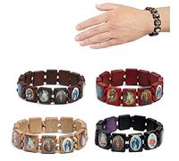 Bracciale con rose in legno da 4 PC: braccialetto di preghiera cattolica con santi religiosi e figure sacri, bracciale elastico per uomini e donne