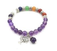 Bracciale con sette pietre di cristallo da 9 mm e ciondolo con albero della vita - Gioielli energetici curativi for la consapevolezza e l'equilibrio(Amethyst)