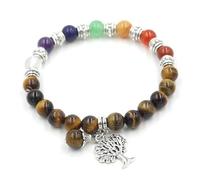 Bracciale con sette pietre di cristallo da 9 mm e ciondolo con albero della vita - Gioielli energetici curativi for la consapevolezza e l'equilibrio(Tiger'seye)