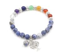 Bracciale con sette pietre di cristallo da 9 mm e ciondolo con albero della vita - Gioielli energetici curativi for la consapevolezza e l'equilibrio(Bluestone)