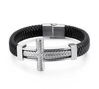 Bracciale Cuoio Nero Uomo, Bracciale Uomo Pelle Intrecciato Acciaio Inossidabile Attraverso 21X1.2CM Uomo Fidanzato Gioielli Regalo