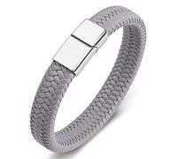 Bracciale Cuoio Punk Uomo, Bracciale Acciaio Inossidabile Grigio Intrecciato Bracciale con Argento Fibbia 18.5CM Lunghezza Bracciali Uomo Gothic