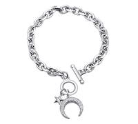 Bracciale da donna con luna / stella, ciondolo in oro rosa placcato argento con chiusura a moschettone a catena, braccialetto da polso con zirconi (Placcato in argento)