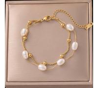 Bracciale da donna in acciaio inossidabile a doppio strato con perle d'imitazione color oro gioielli da indossare tutti i