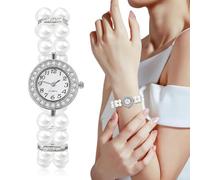 Bracciale da Polso Donna con Doppia Serie di Perline Brillanti Bianche | Stile Vintage Chic, Design Elastico Slip-on, Accessorio 1 Pezzo per Appuntamenti e Occasioni Formali