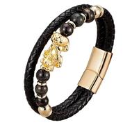 Bracciale Da Uomo Feng Shui Pi Xiu In Pelle Intrecciata Nera Con Pietra Naturale, Chiusura Magnetica Multistrato, Braccialetto In Corda, Gioielli Portafortuna Che Attraggono La Ricchezza, Oro-C 21 C