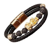 Bracciale Da Uomo Feng Shui Pi Xiu In Pelle Intrecciata Nera Con Pietra Naturale, Chiusura Magnetica Multistrato, Braccialetto In Corda, Gioielli Portafortuna Che Attraggono La Ricchezza, Oro-A 19 C