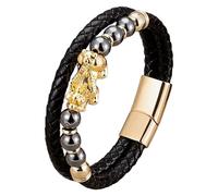 Bracciale Da Uomo Feng Shui Pi Xiu In Pelle Intrecciata Nera Con Pietra Naturale, Chiusura Magnetica Multistrato, Braccialetto In Corda, Gioielli Portafortuna Che Attraggono La Ricchezza, Oro-D 19 C