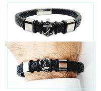 Bracciale da uomo in acciaio e pelle braccialetto ancora cuoio nero intrecciato