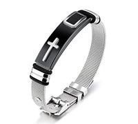 Bracciale da Uomo in Acciaio Regolabile con Cinturino a Maglie con Croce Gioielli per Uomo Argento