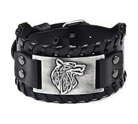 Bracciale da uomo in metallo nero in stile retro, con testa di lupo, in stile punk, in pelle, con anelli pirata, bracciale largo, cintura larga, manica