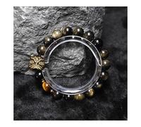 Bracciale da uomo in ossidiana naturale con danza del leone, gioiello regolabile con perline di pietra della cultura cinese for protezione spirituale ed equilibrio energetico (nero e oro)(Gold Obsidia