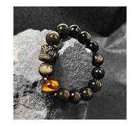 Bracciale da uomo in ossidiana naturale con danza del leone, gioiello regolabile con perline di pietra della cultura cinese for protezione spirituale ed equilibrio energetico (nero e oro)(Gold Obsidia