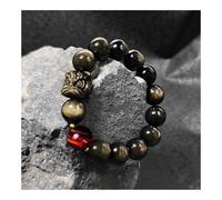 Bracciale da uomo in ossidiana naturale con danza del leone, gioiello regolabile con perline di pietra della cultura cinese for protezione spirituale ed equilibrio energetico (nero e oro)(Gold Obsidia