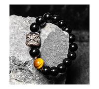 Bracciale da uomo in ossidiana naturale con danza del leone, gioiello regolabile con perline di pietra della cultura cinese for protezione spirituale ed equilibrio energetico (nero e oro)(Black Obsidi