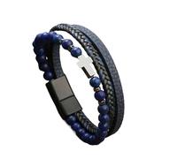 Bracciale da uomo in pelle intrecciata fatto a mano, bracciale in vera pelle, acciaio inossidabile e pietra naturale con chiusura magnetica, regalo for uomo(Blue)