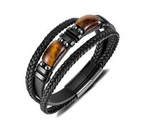 Bracciale da uomo in pelle retrò - occhio di tigre e onice nera in acciaio inox - catena a mano in pelle intrecciata multistrato