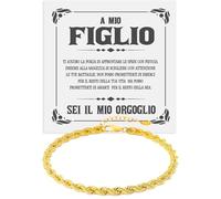 Bracciale da Uomo per Figlio Corda Regalo Compleanno Natale bracciali Idee Regali per lui figli finitura Argento Oro - Cofanetto con DEDICA incluso (Figlio - Bracciale Corda Oro)