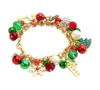 Bracciale di Natale di colore oro per le donne, rosso verde perline gioielli di vacanza con fiocco di neve, canna da caramelle, campana & albero incanti, braccialetto di Natale festivo come regalo di