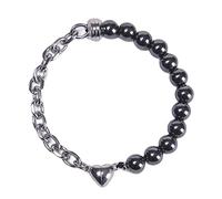 Bracciale di perle da donna, con perle grigie e zirconi in acciaio inox da 8 mm, con cuore magnetico e pietre preziose, 21.5cmx8mm, Cristallo, Onice