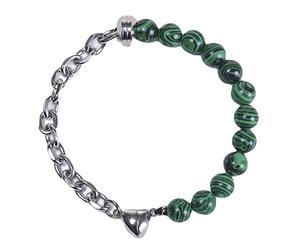 Bracciale di perle da donna, con perle grigie e zirconi in acciaio inox da 8 mm, con cuore magnetico e pietre preziose, 21.5cmx8mm, Cristallo, Malachite