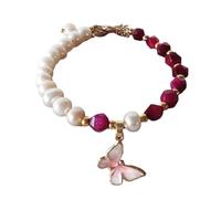 Bracciale di perle d'acqua dolce for donna con ciondolo a farfalla - Eleganti gioielli in corda(Rosso)