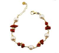 Bracciale donna argento 925 dorato con corallo rosso naturale e perla naturale d'acqua dolce 8 mm Gioiello artigianale ragazza Made in Italy