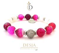 Bracciale donna elastico pietre dure naturali agata viola e giada bianca sfere