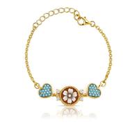 Bracciale donna in argento 925 dorato con cammeo fiore centrale e cuori con zirconi gioiello da donna ragazza artigianale